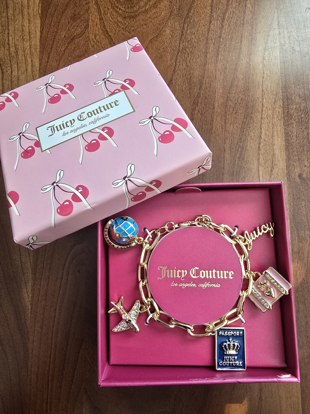 🔥 Juicy Couture Gold-Tone Charm Bracelet with Blue & Pink Enamel Travel Charms